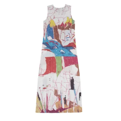 PLEATS PLEASE アートプリントノースリーブロングワンピース