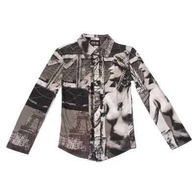Jean Paul GAULTIER PARIS コットンパリプリントフロントフリルデザイン長袖シャツ