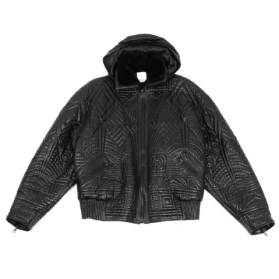 GIANNI VERSACE レザー幾何学ステッチデザインフード着脱ジャケット