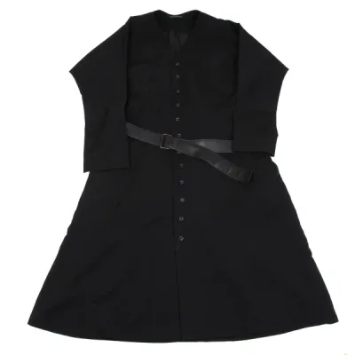 Yohji Yamamoto POUR HOMME ウールギャバレザーベルテッドノーカラーコート